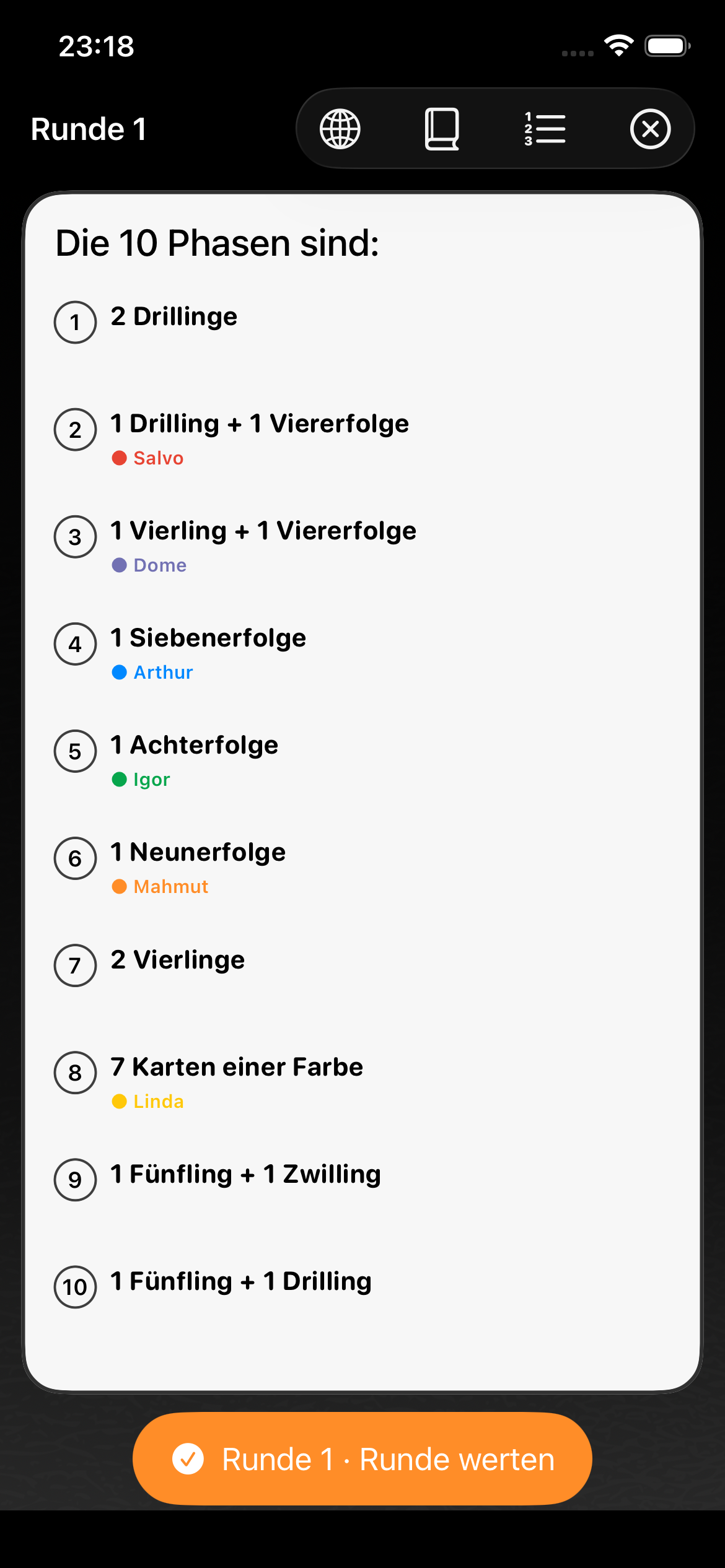 Phase X im iPhone-Simulator mit Linda, Salvo, Igor, Dome, Mahmut und Arthur